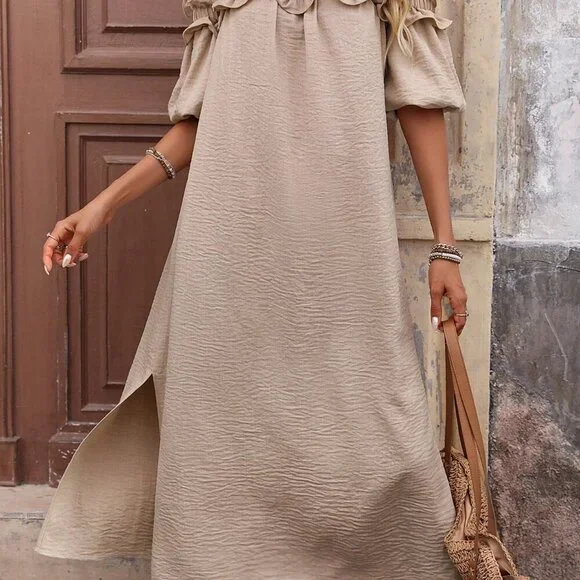 Khaki Casual Women's Off Shoulder Ruffle Trim Slit Dress - Picture 3 of 6